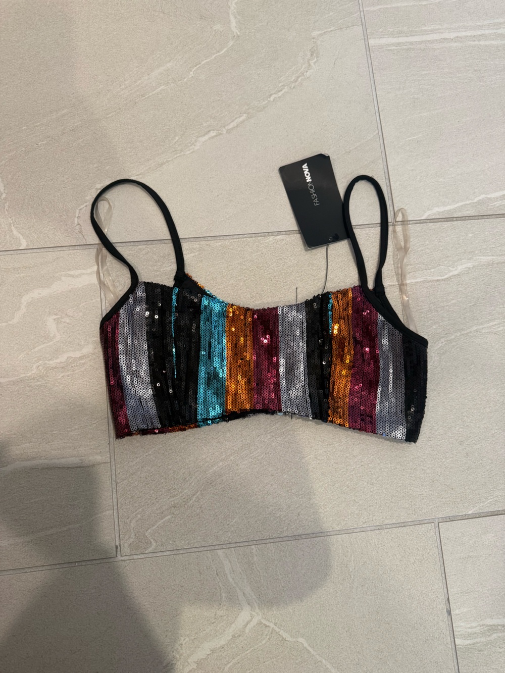 Fashion Nova Multicolor Sequin Stripe Bandeau in Black Trim